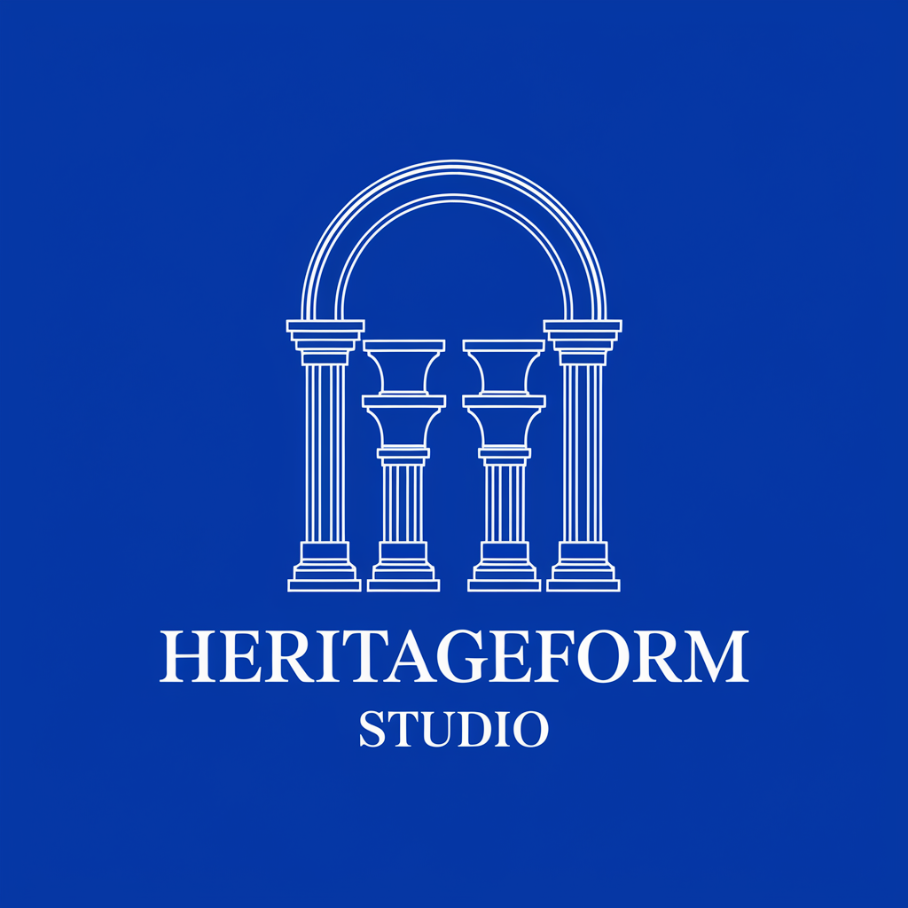 HeritageForm Studio logo with classical arch and columns.