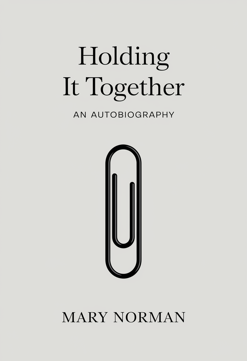 Minimal autobiography cover with white background, paperclip, and title 'HOLDING IT TOGETHER'.