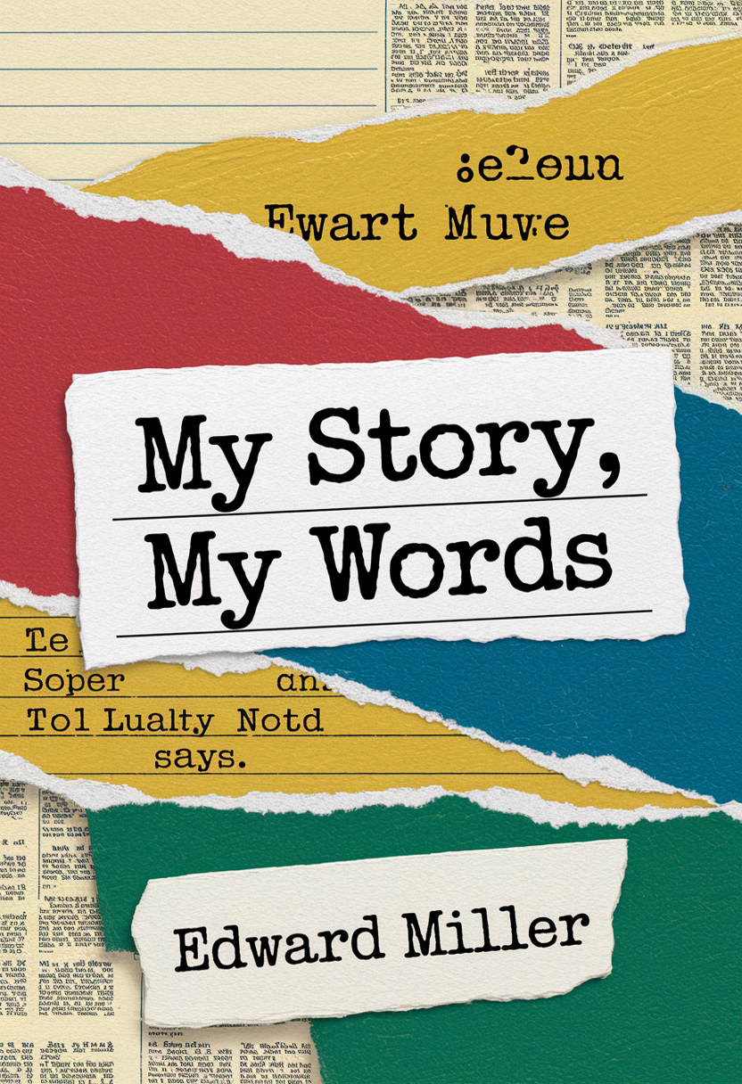 Torn-paper collage autobiography cover with textures and title 'MY STORY, MY WORDS'.