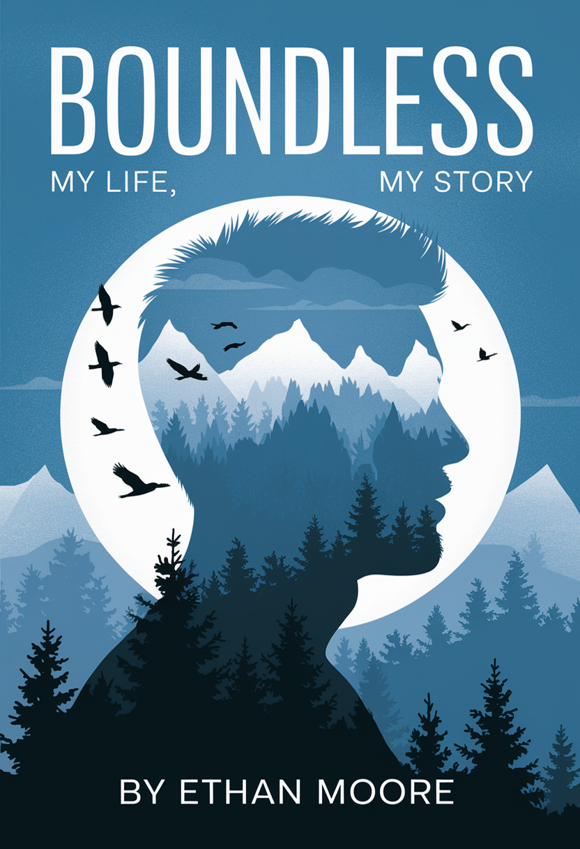 Nature-inspired double-exposure autobiography cover with portrait and title 'BOUNDLESS'.