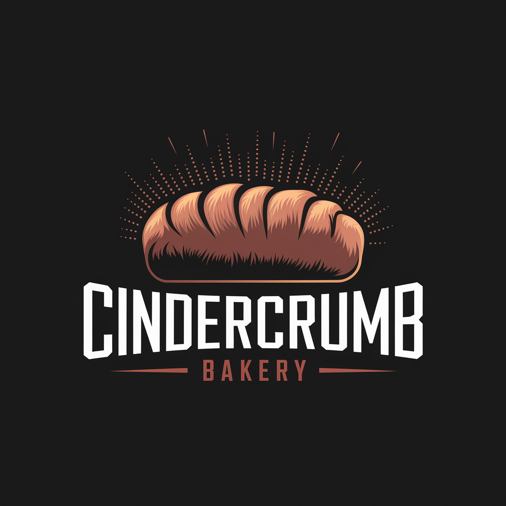 Logo for 'Cindercrumb' in bold serif text with glowing ember-crusted loaf illustration above.