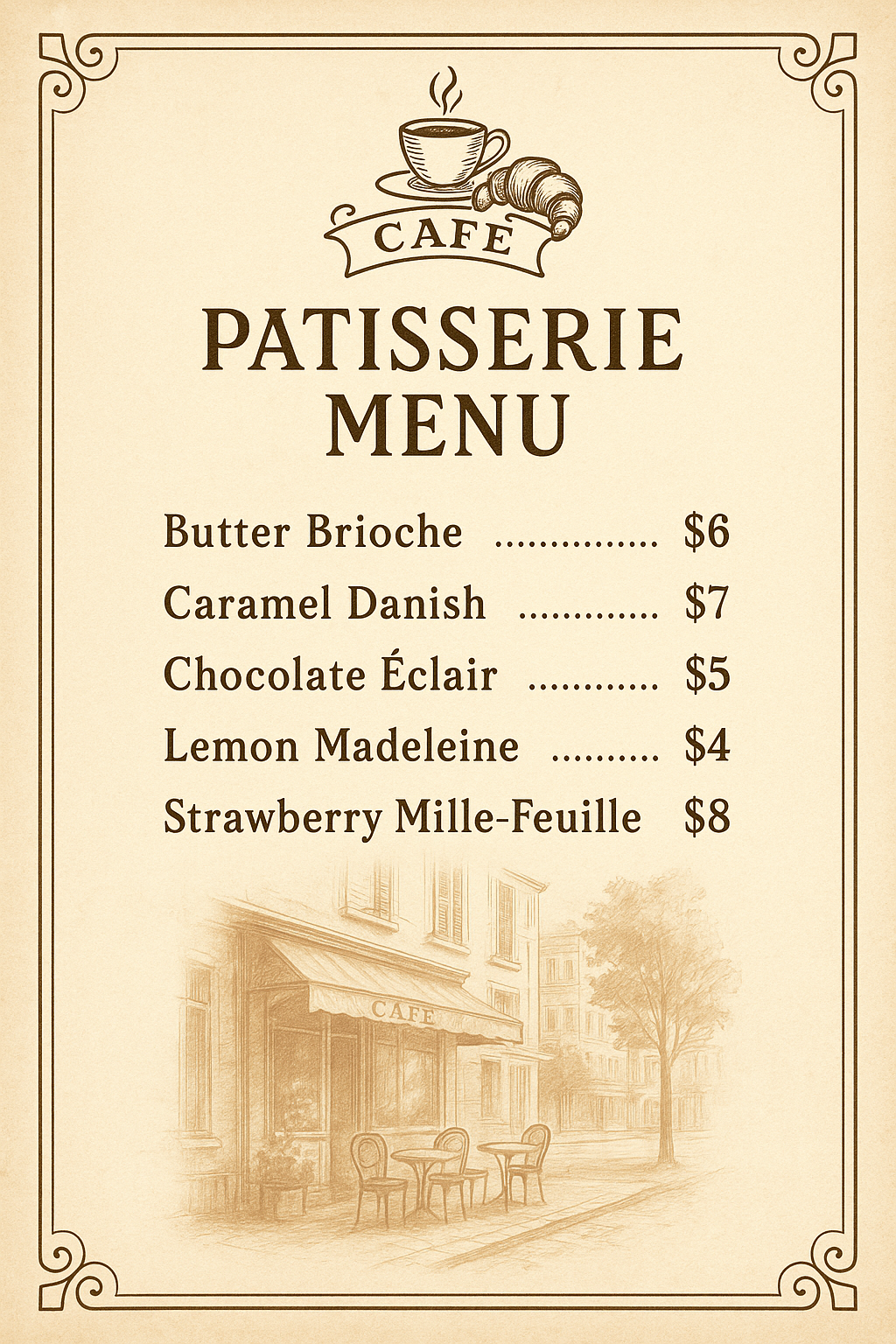 Vintage patisserie menu with parchment paper, ornate frame, retro café logo, and Parisian café sketch.
