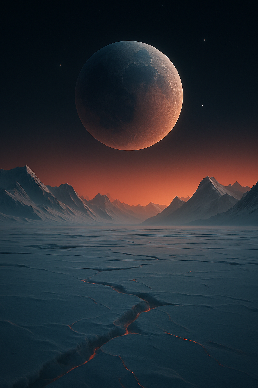 Create a high-resolution surreal sci-fi landscape in portrait orientation. Show a vast icy terrain with subtle cracks reflecting faint red-orange light, surrounded by sharp, snow-covered mountain peaks fading into the distance. Above the horizon, render a glowing gradient sky transitioning from deep black at the top to fiery orange near the horizon. Place a large, detailed planet with a slightly shadowed surface hanging just above the skyline, accompanied by a few small glowing stars. The mood should feel otherworldly, serene, and futuristic, with smooth lighting transitions and a cinematic, minimalist composition optimized for mobile app or wallpaper use.