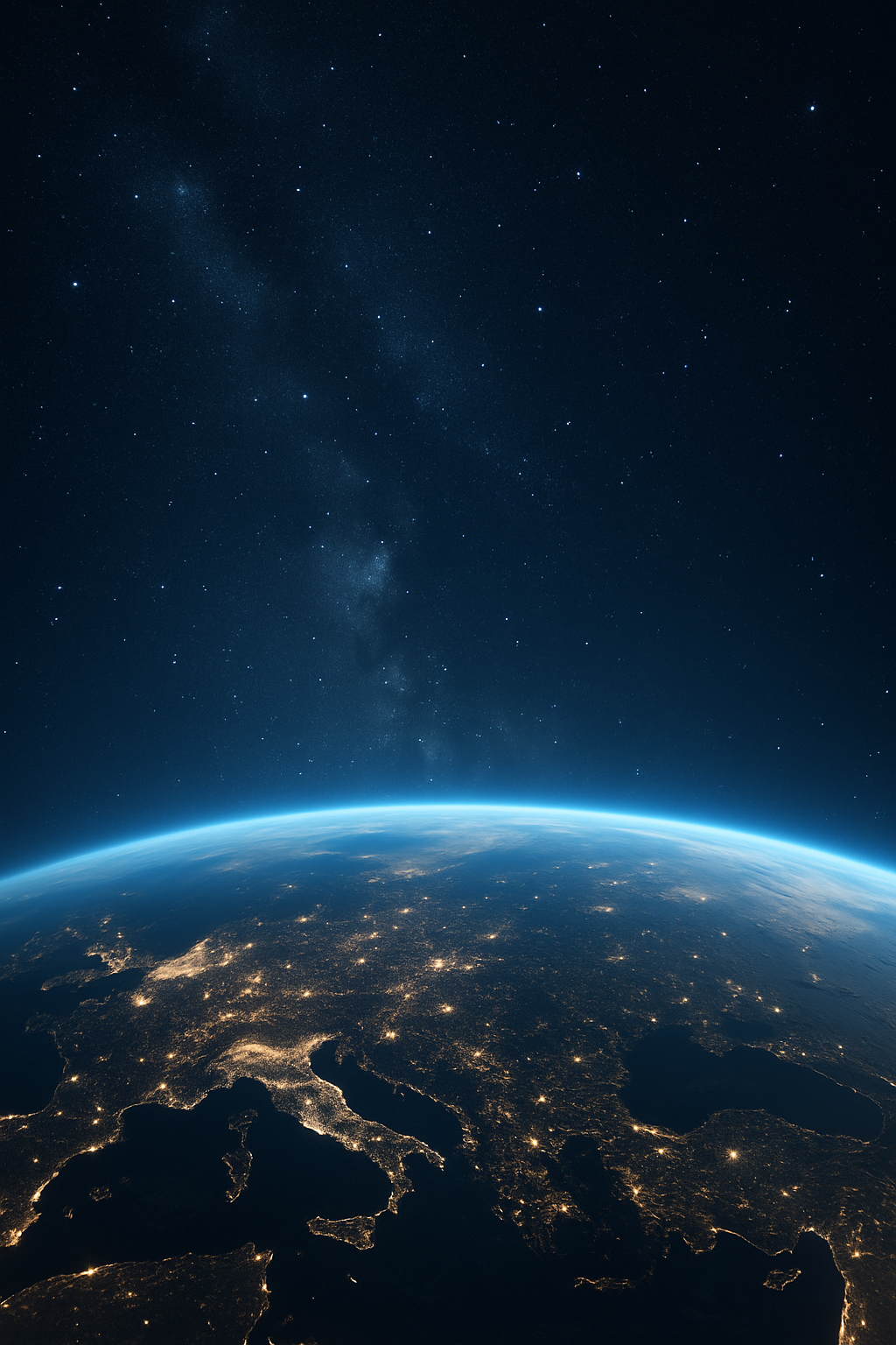Generate a hyperrealistic high-resolution wallpaper in portrait orientation showing the Earth’s curvature from low orbit. Capture intricate details of illuminated continents at night with glowing city lights, accurately mapped coastlines, and faintly visible mountain ranges. Highlight the thin glowing blue atmospheric layer hugging the horizon, blending seamlessly into the deep navy of space. Fill the sky above with a dense starfield featuring sharp, bright stars of varying sizes and subtle nebula-like textures for depth. Ensure the lighting reflects the natural glow of Earth against the darkness, with smooth gradients and crisp clarity. The composition should feel vast, cinematic, and awe-inspiring—optimized as a futuristic mobile wallpaper with enough clean space for UI elements.