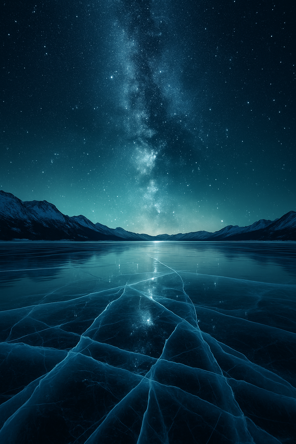 Create a hyperrealistic high-resolution wallpaper in portrait orientation depicting a frozen lake under a cosmic night sky. Show the icy surface with sharp cracks and transparent layers reflecting the glow of countless stars above. Capture the Milky Way stretching vertically across the sky with sharp clarity, blending into a deep gradient of midnight blue and turquoise. On the horizon, add snow-covered mountain silhouettes faintly lit by a radiant glow of moonlight or distant starlight. Ensure the water’s frozen surface mirrors the cosmic light, creating a surreal dual reflection. The overall atmosphere should feel otherworldly, vast, and luminous, with crisp textures and breathtaking detail—optimized for cinematic mobile wallpapers