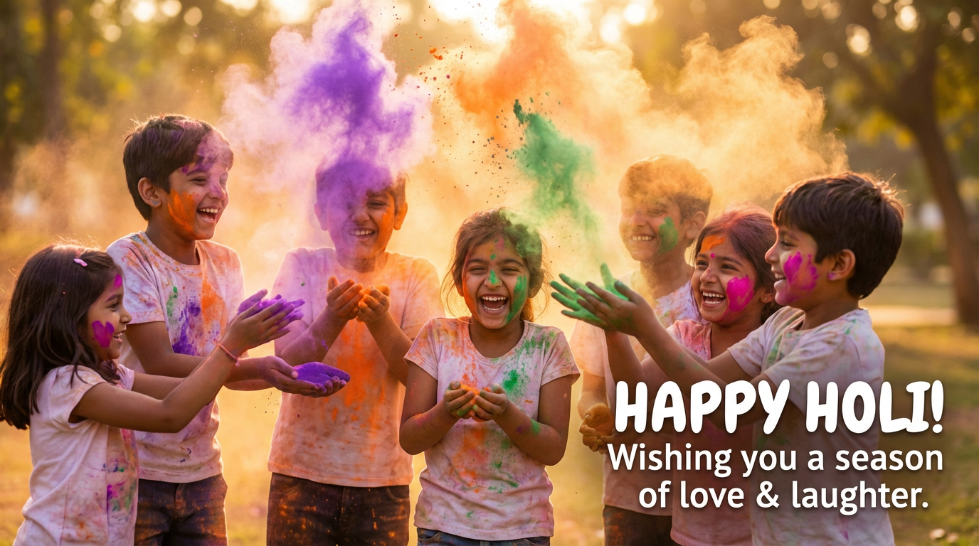 Group of children celebrating Holi with colorful powder and joyful expressions