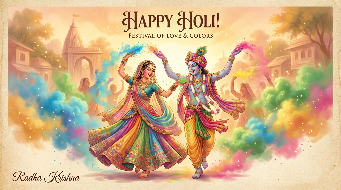 Radha Krishna celebrating Holi with colorful powder in divine artistic style