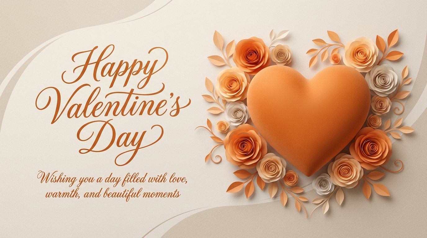 Modern Valentine card with orange 3D heart, paper roses and elegant typography
