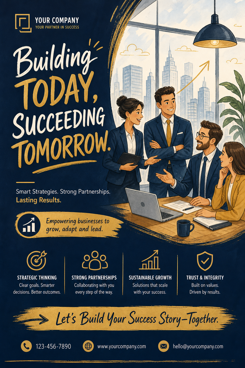 Business Banner — illustration style web banner, featuring professional office imagery, suit silhouettes, navy and gold palette