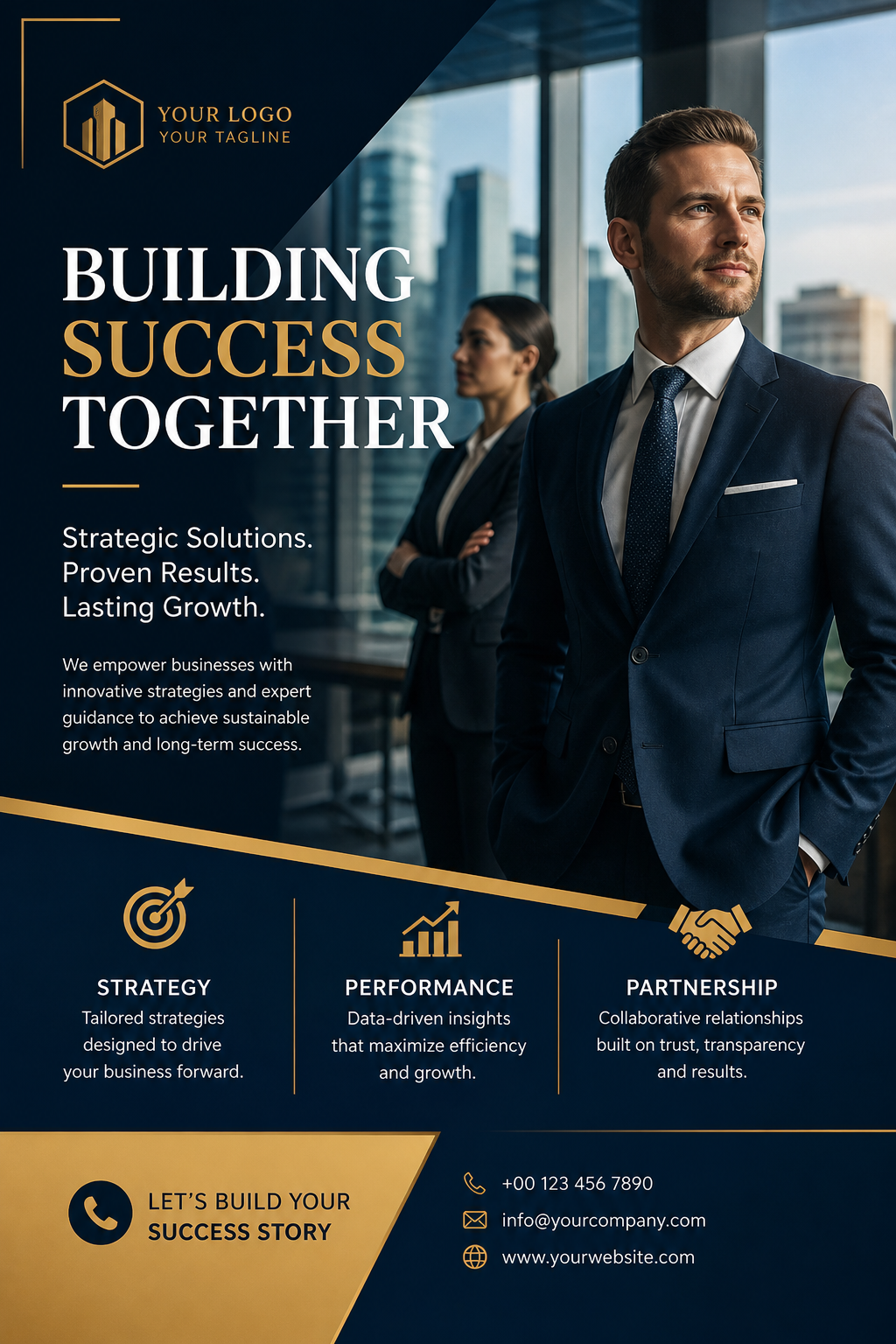 Business Banner — photo-realistic style web banner, featuring professional office imagery, suit silhouettes, navy and gold palette