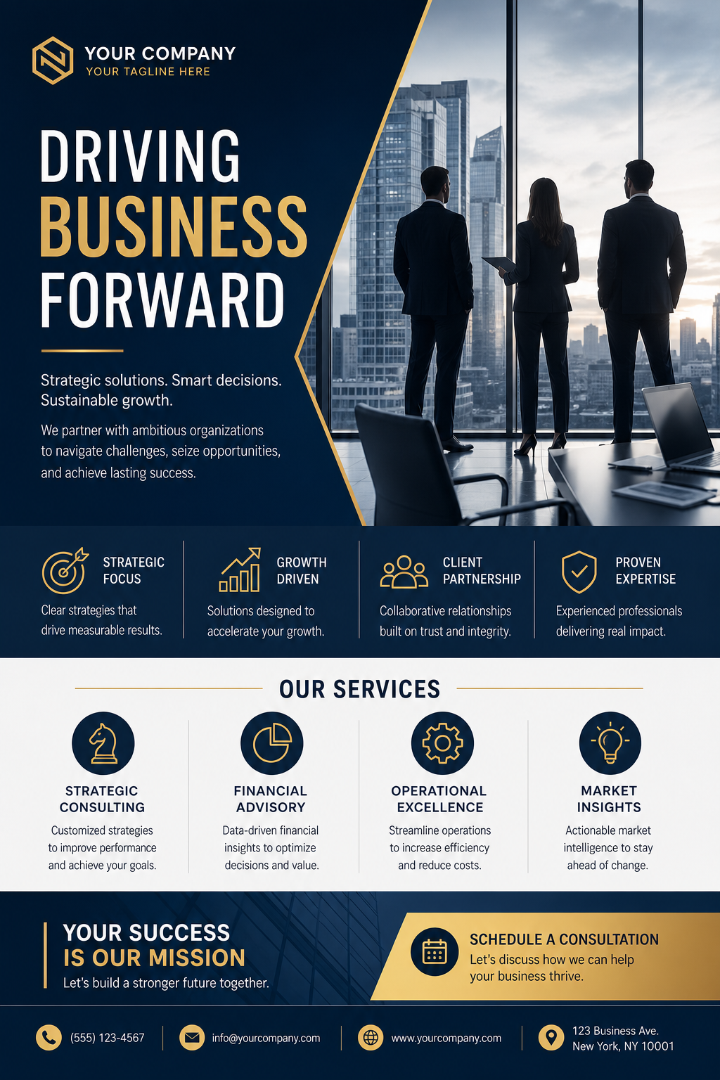 Business Banner — corporate style web banner, featuring professional office imagery, suit silhouettes, navy and gold palette