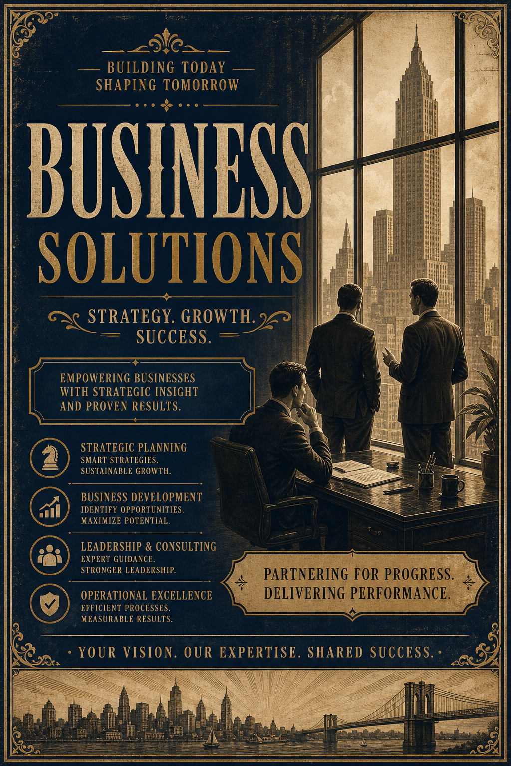 Business Banner — vintage style web banner, featuring professional office imagery, suit silhouettes, navy and gold palette
