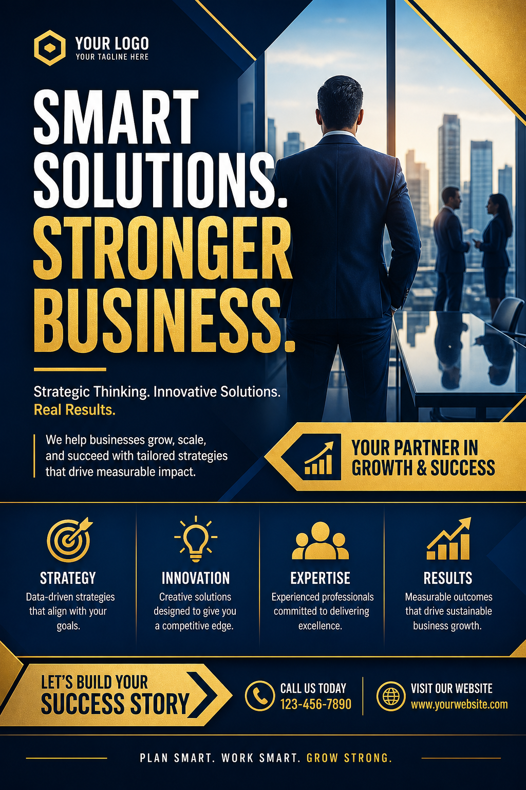 Business Banner — vibrant style web banner, featuring professional office imagery, suit silhouettes, navy and gold palette