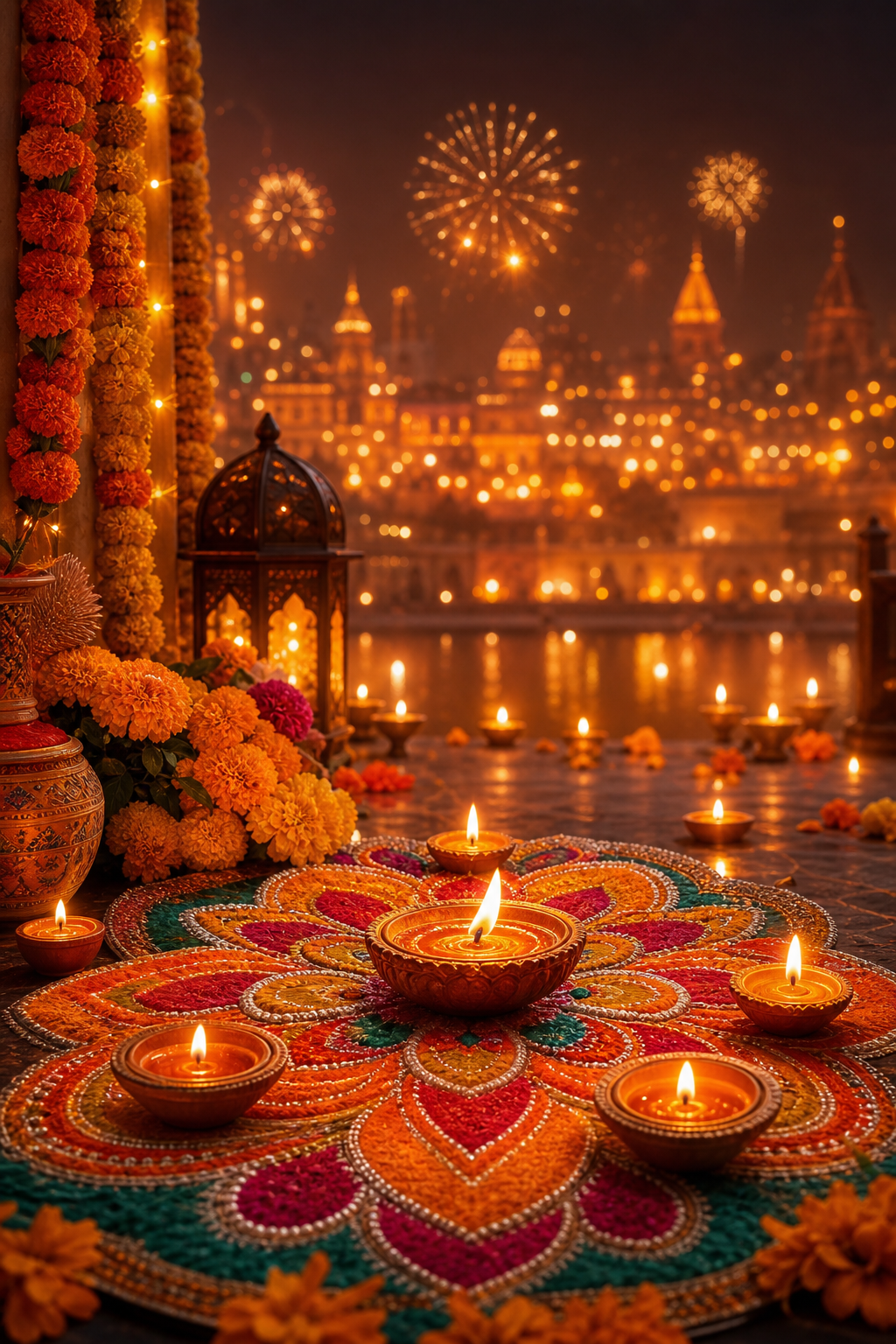 Diwali Blog Banner — photo-realistic style blog banner, featuring glowing diya lamps, marigold flowers, rangoli patterns, golden-orange palette, fireworks