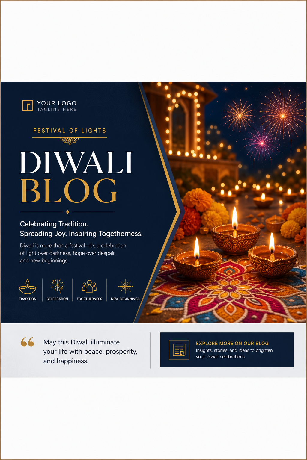 Diwali Blog Banner — corporate style blog banner, featuring glowing diya lamps, marigold flowers, rangoli patterns, golden-orange palette, fireworks