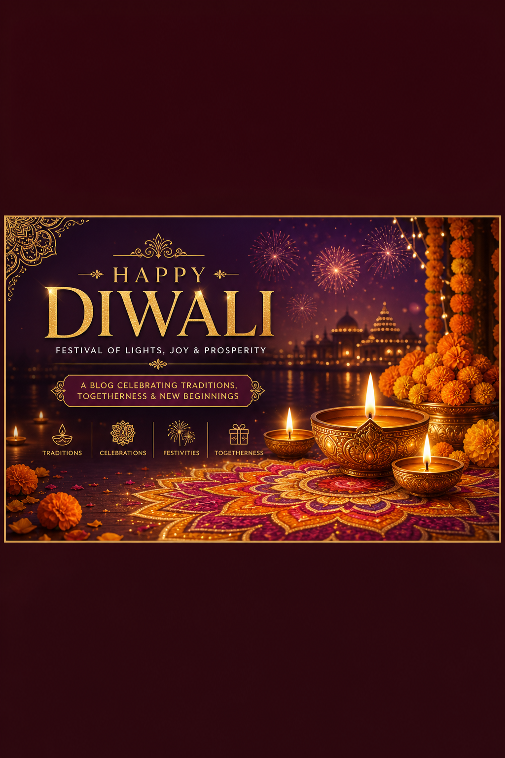 Diwali Blog Banner — elegant style blog banner, featuring glowing diya lamps, marigold flowers, rangoli patterns, golden-orange palette, fireworks