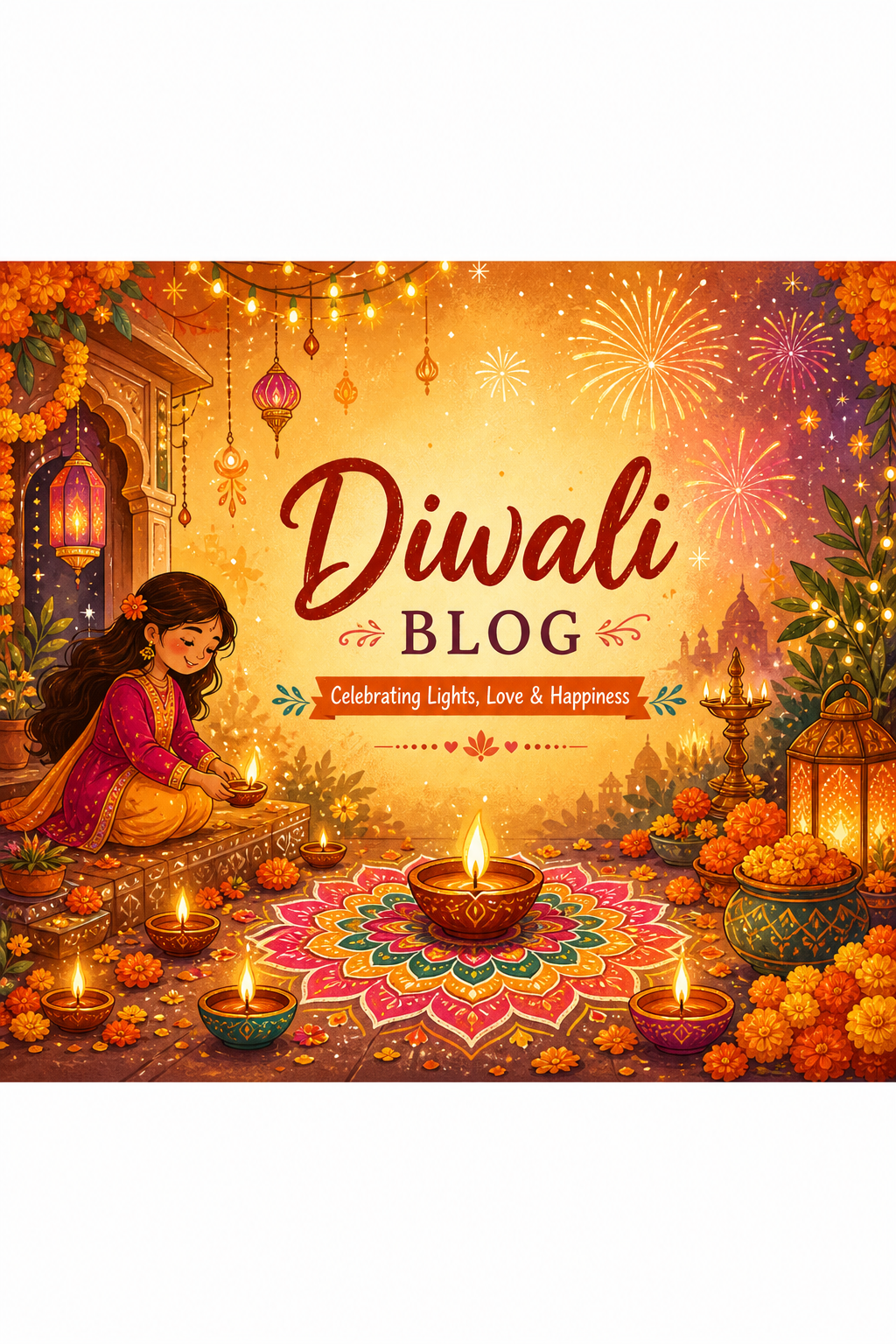 Diwali Blog Banner — illustration style blog banner, featuring glowing diya lamps, marigold flowers, rangoli patterns, golden-orange palette, fireworks