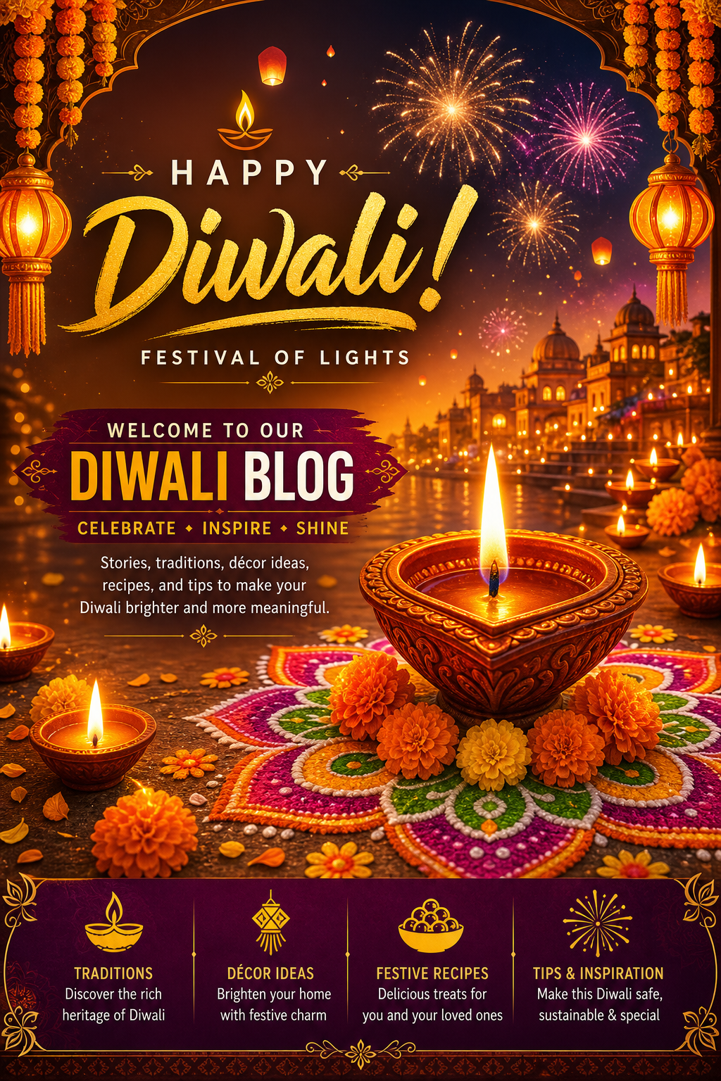 Diwali Blog Banner — vibrant style blog banner, featuring glowing diya lamps, marigold flowers, rangoli patterns, golden-orange palette, fireworks