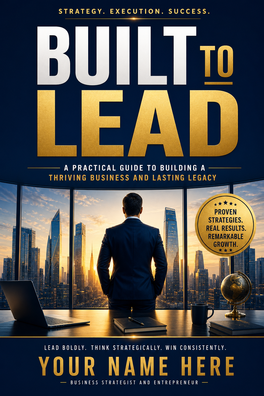Business Book Cover — vibrant style book cover, featuring professional office imagery, suit silhouettes, navy and gold palette