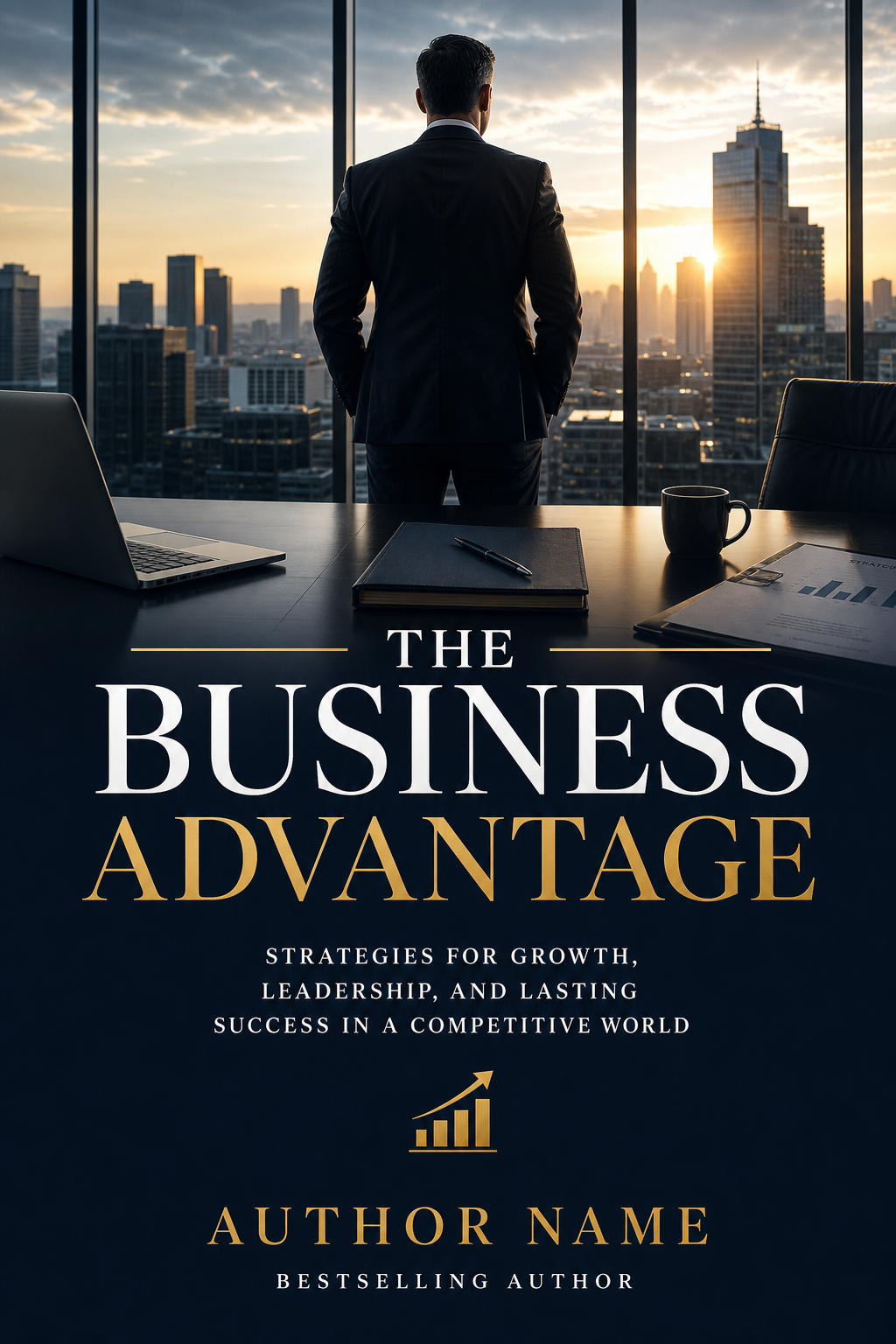 Business Book Cover — photo-realistic style book cover, featuring professional office imagery, suit silhouettes, navy and gold palette