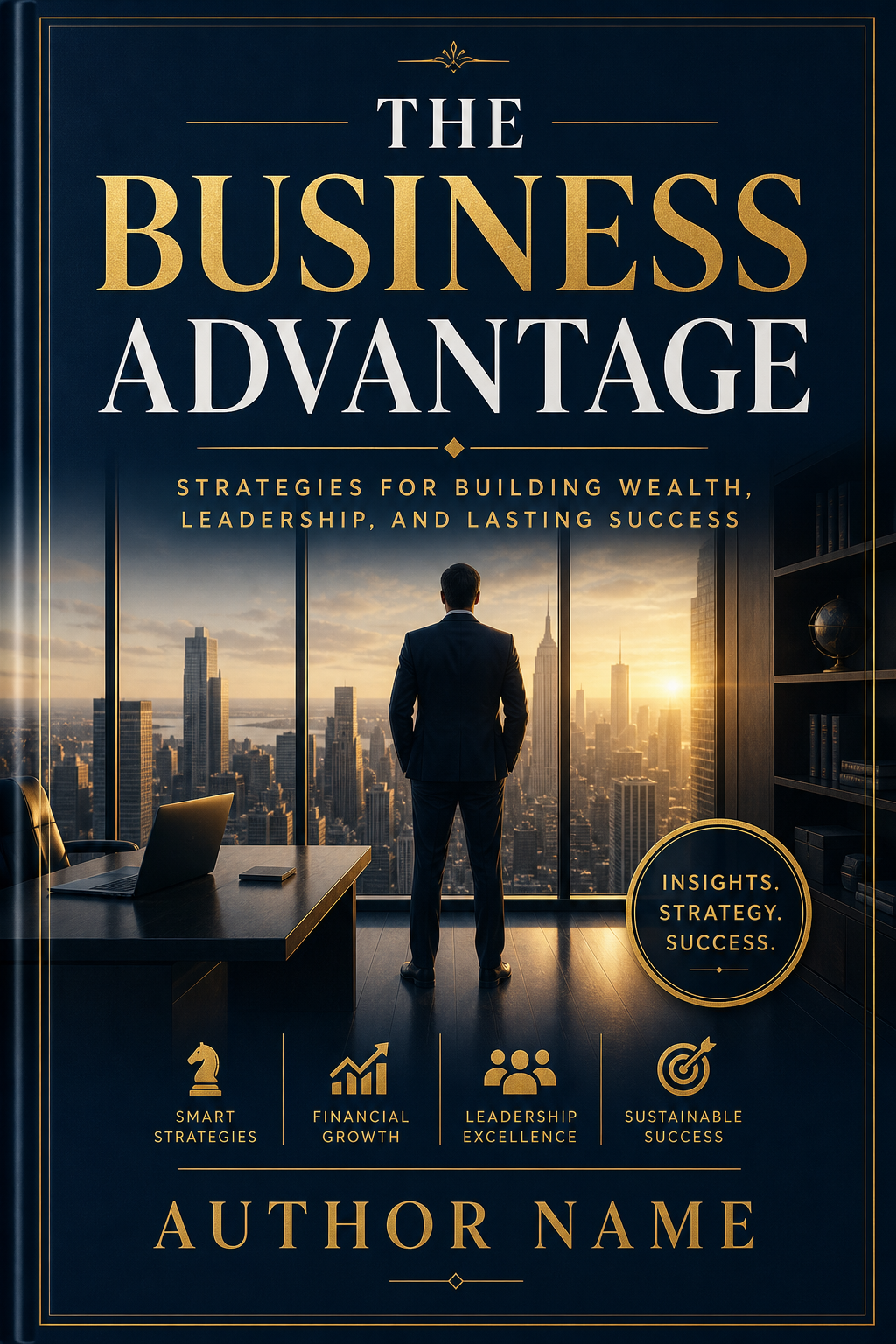 Business Book Cover — elegant style book cover, featuring professional office imagery, suit silhouettes, navy and gold palette