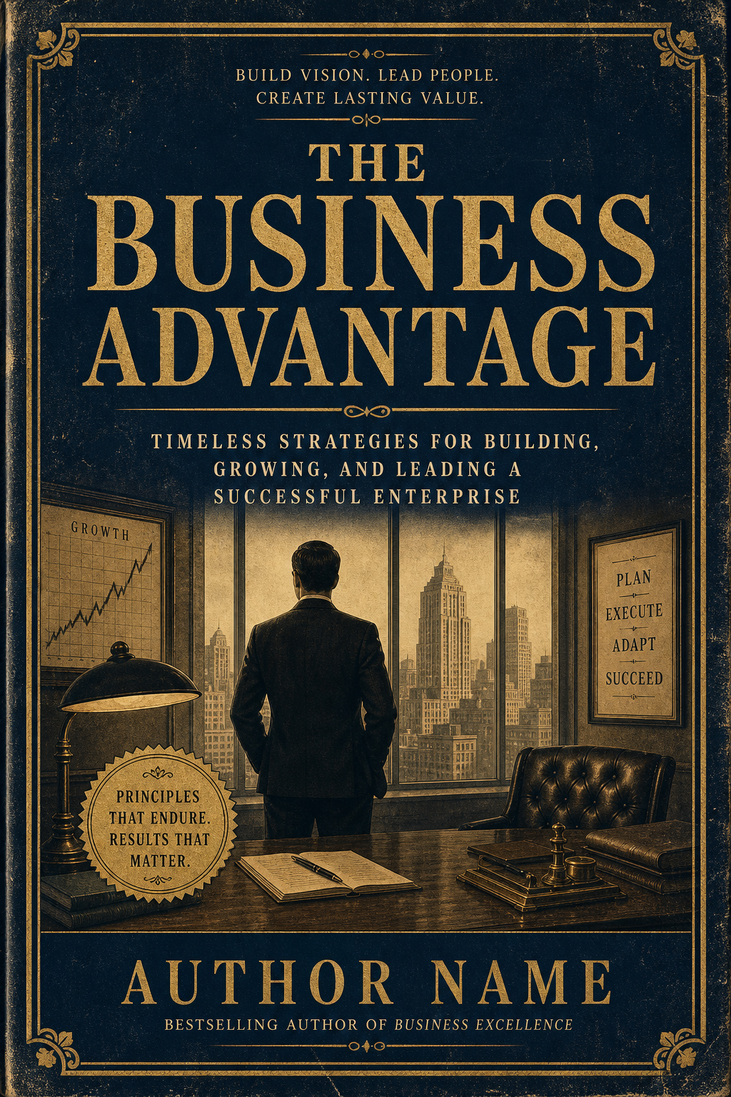 Business Book Cover — vintage style book cover, featuring professional office imagery, suit silhouettes, navy and gold palette