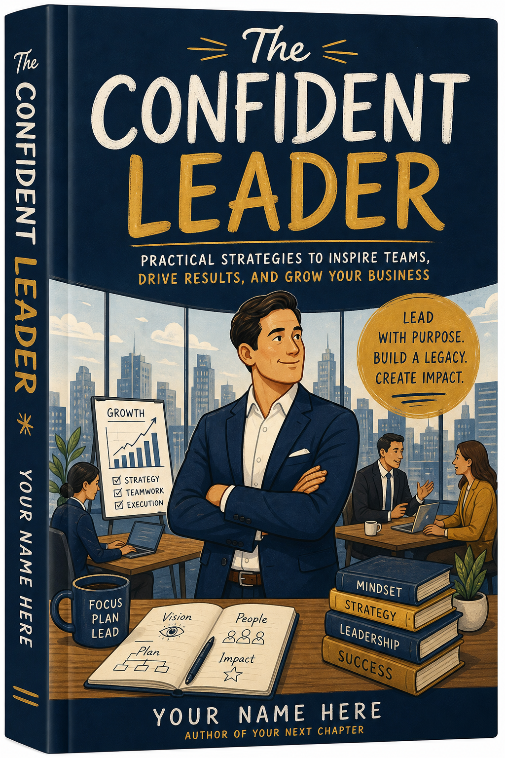 Business Book Cover — illustration style book cover, featuring professional office imagery, suit silhouettes, navy and gold palette