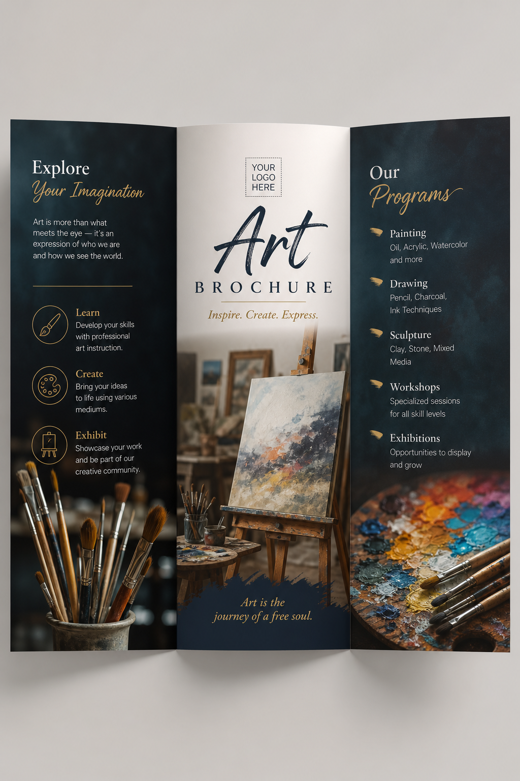 Art Brochure — photo-realistic style brochure cover, featuring paintbrushes, palette, canvas, creative imagery