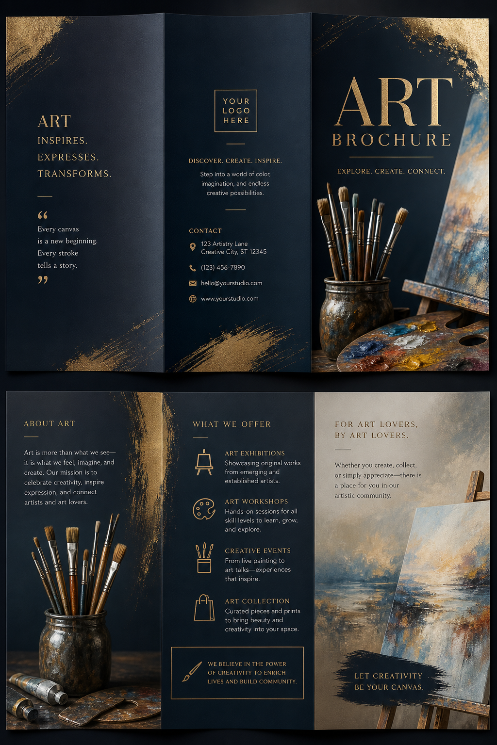 Art Brochure — elegant style brochure cover, featuring paintbrushes, palette, canvas, creative imagery
