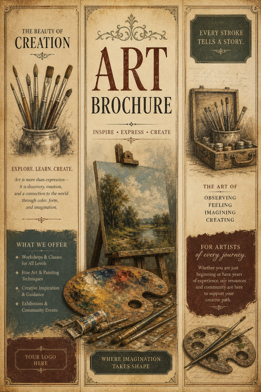 Art Brochure — vintage style brochure cover, featuring paintbrushes, palette, canvas, creative imagery