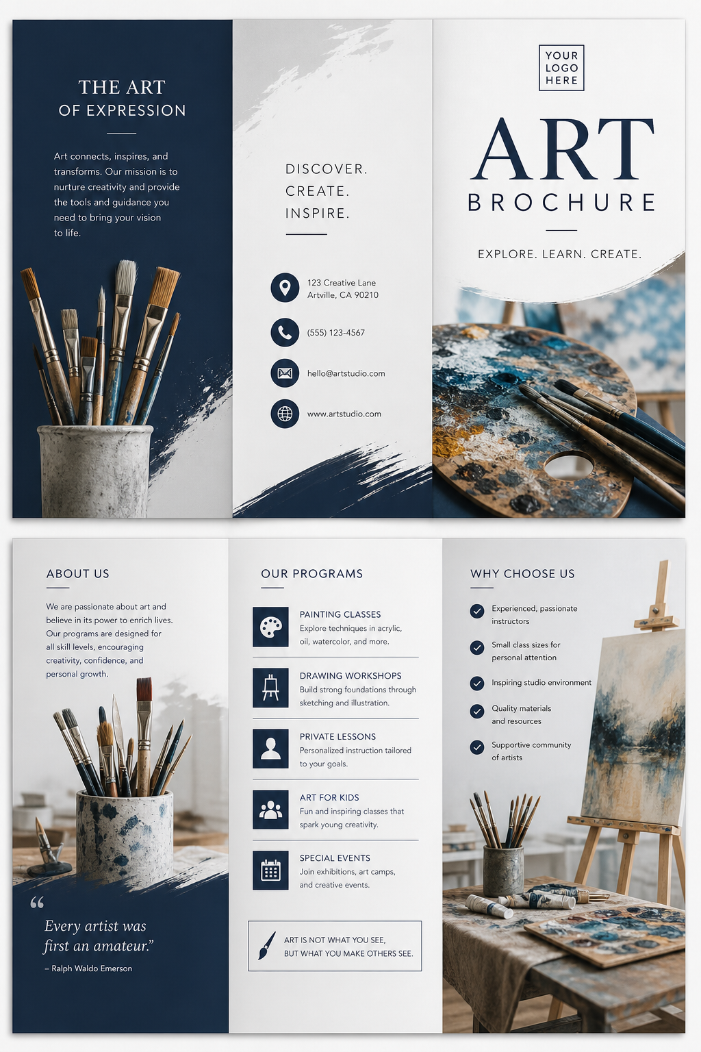 Art Brochure — corporate style brochure cover, featuring paintbrushes, palette, canvas, creative imagery
