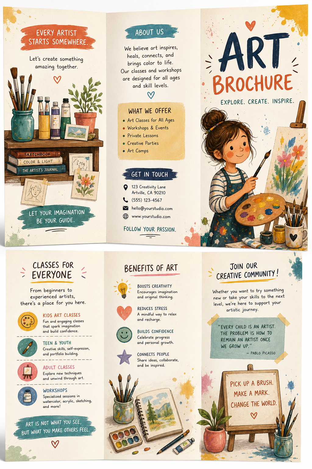 Art Brochure — illustration style brochure cover, featuring paintbrushes, palette, canvas, creative imagery