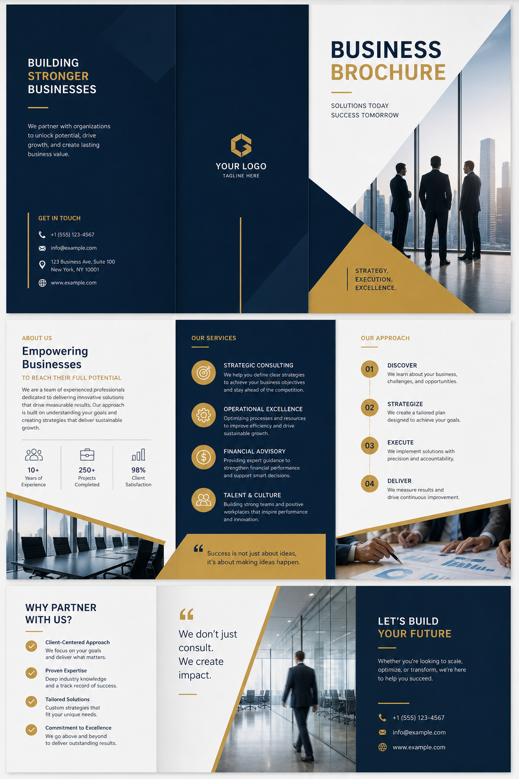 Business Brochure — modern style brochure cover, featuring professional office imagery, suit silhouettes, navy and gold palette