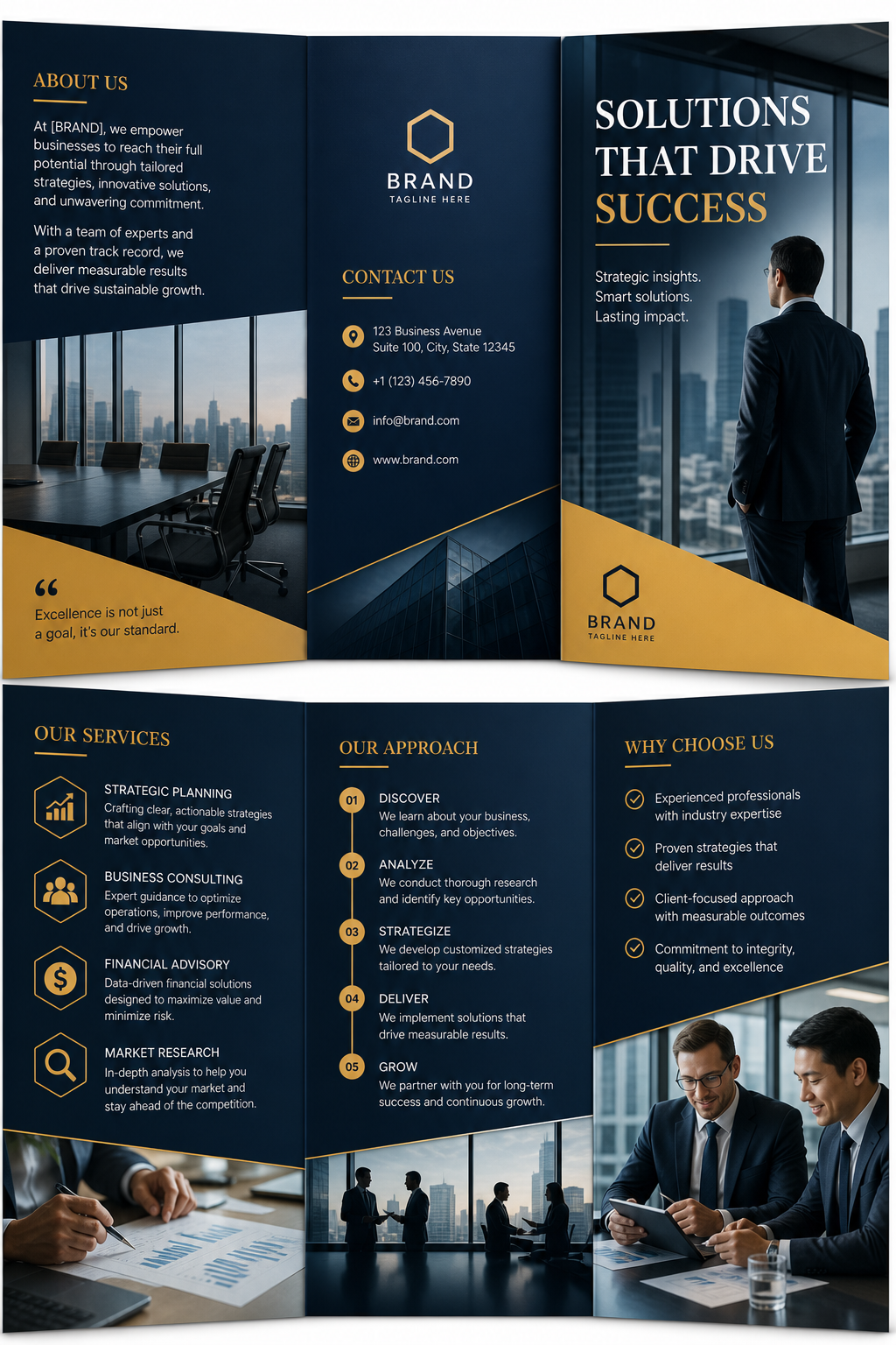 Business Brochure — photo-realistic style brochure cover, featuring professional office imagery, suit silhouettes, navy and gold palette