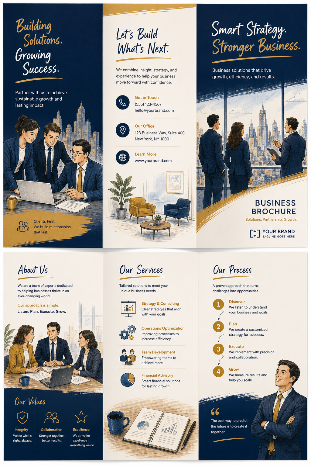 Business Brochure — illustration style brochure cover, featuring professional office imagery, suit silhouettes, navy and gold palette