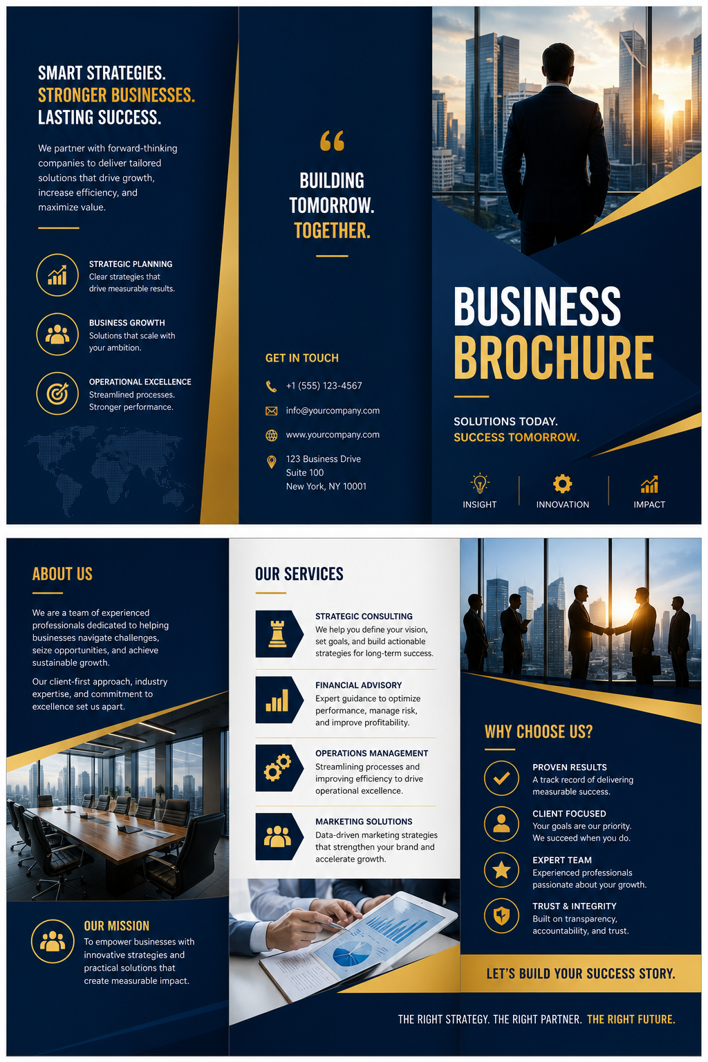 Business Brochure — vibrant style brochure cover, featuring professional office imagery, suit silhouettes, navy and gold palette