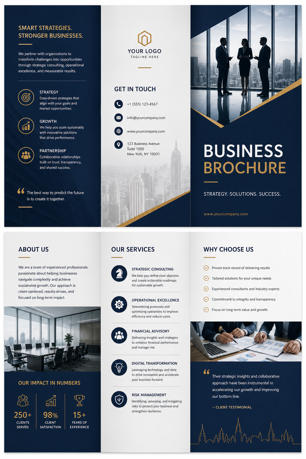 Business Brochure — corporate style brochure cover, featuring professional office imagery, suit silhouettes, navy and gold palette
