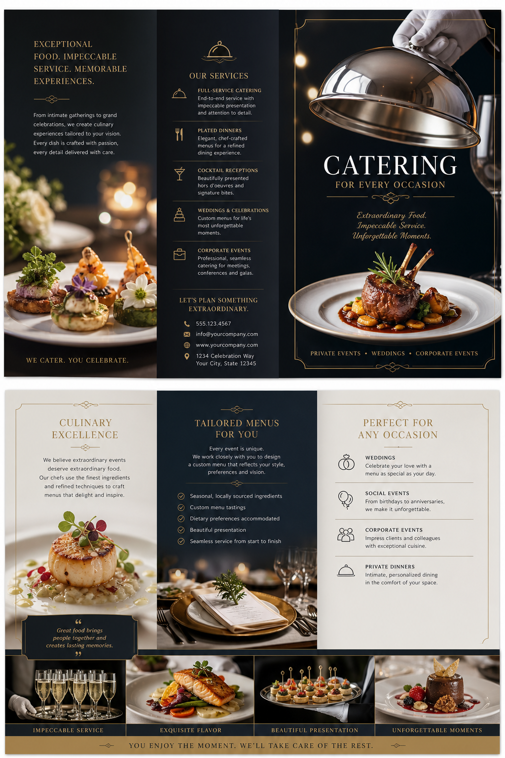 Catering Brochure — elegant style brochure cover, featuring gourmet plated dishes, silver service trays, elegant typography