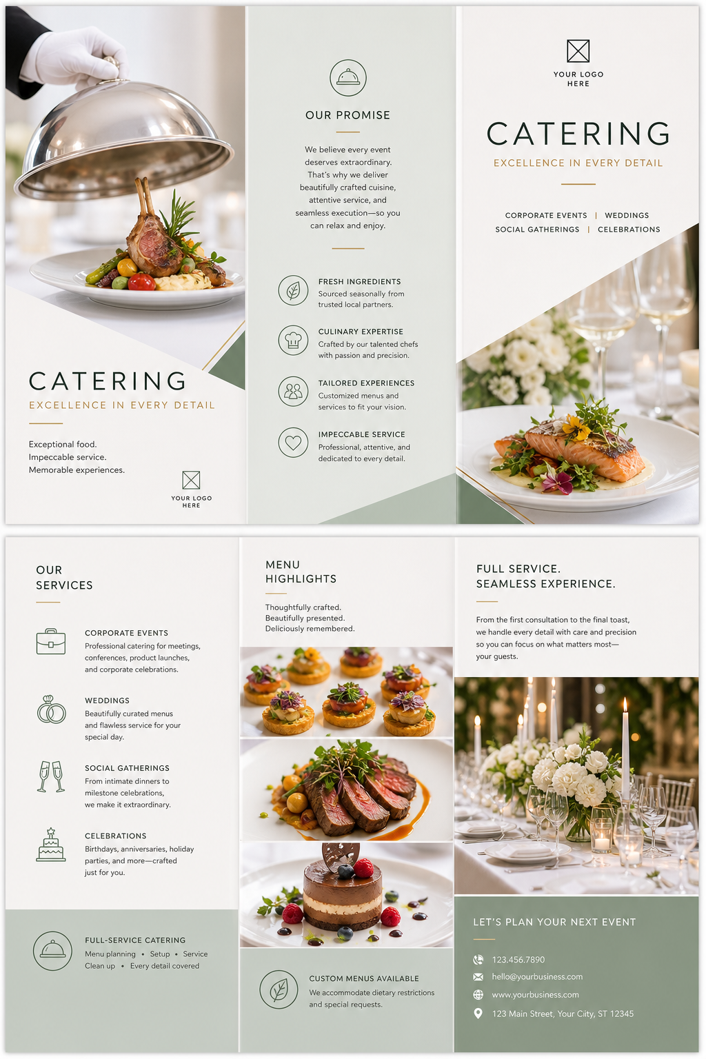 Catering Brochure — modern style brochure cover, featuring gourmet plated dishes, silver service trays, elegant typography