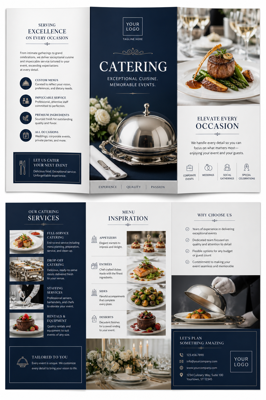 Catering Brochure — corporate style brochure cover, featuring gourmet plated dishes, silver service trays, elegant typography
