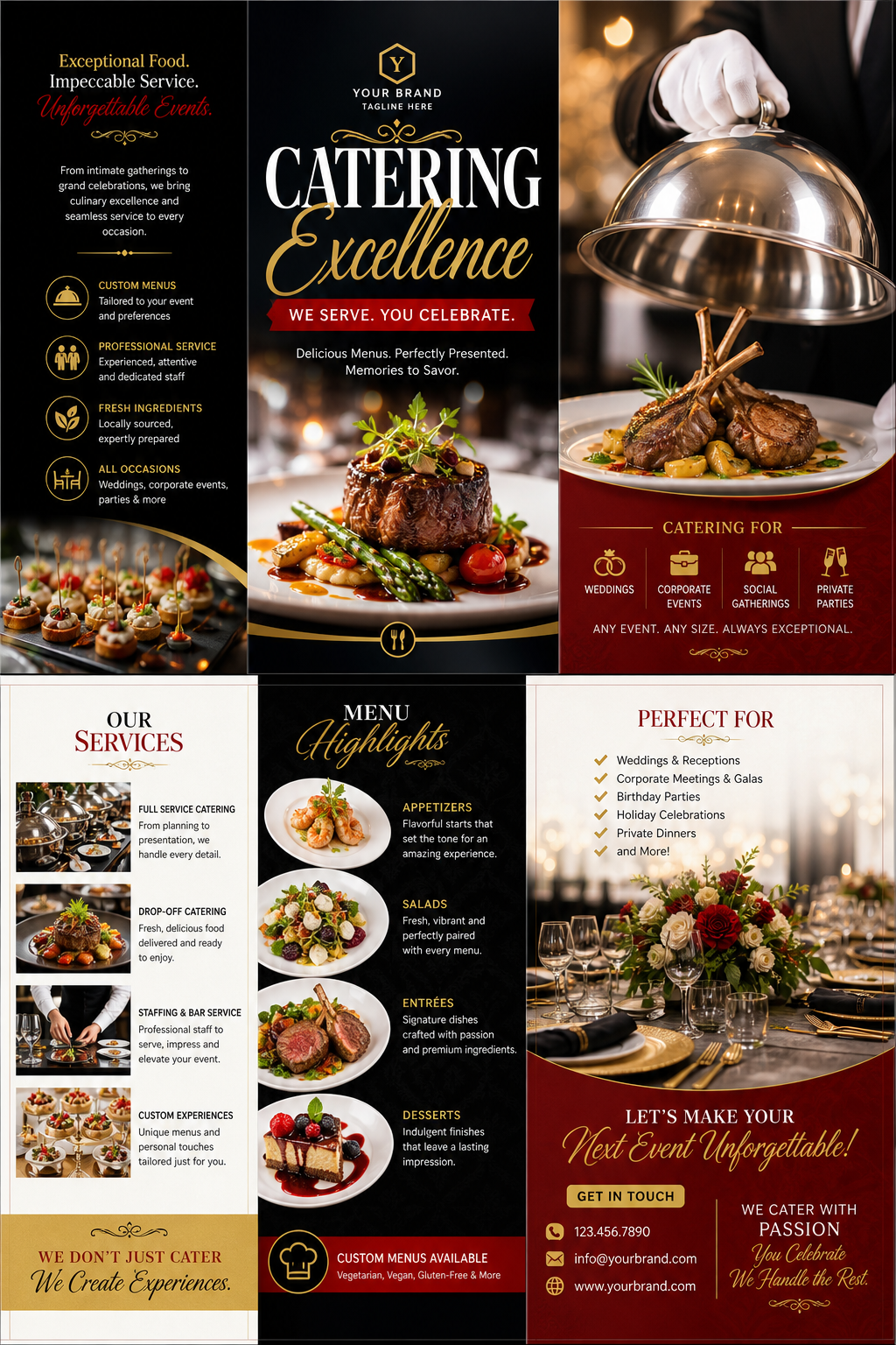 Catering Brochure — vibrant style brochure cover, featuring gourmet plated dishes, silver service trays, elegant typography