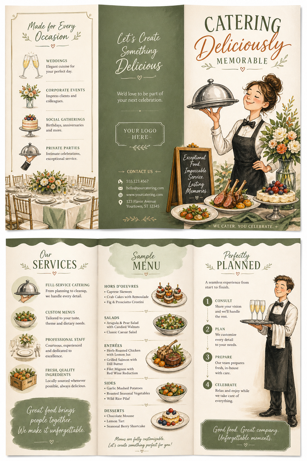 Catering Brochure — illustration style brochure cover, featuring gourmet plated dishes, silver service trays, elegant typography