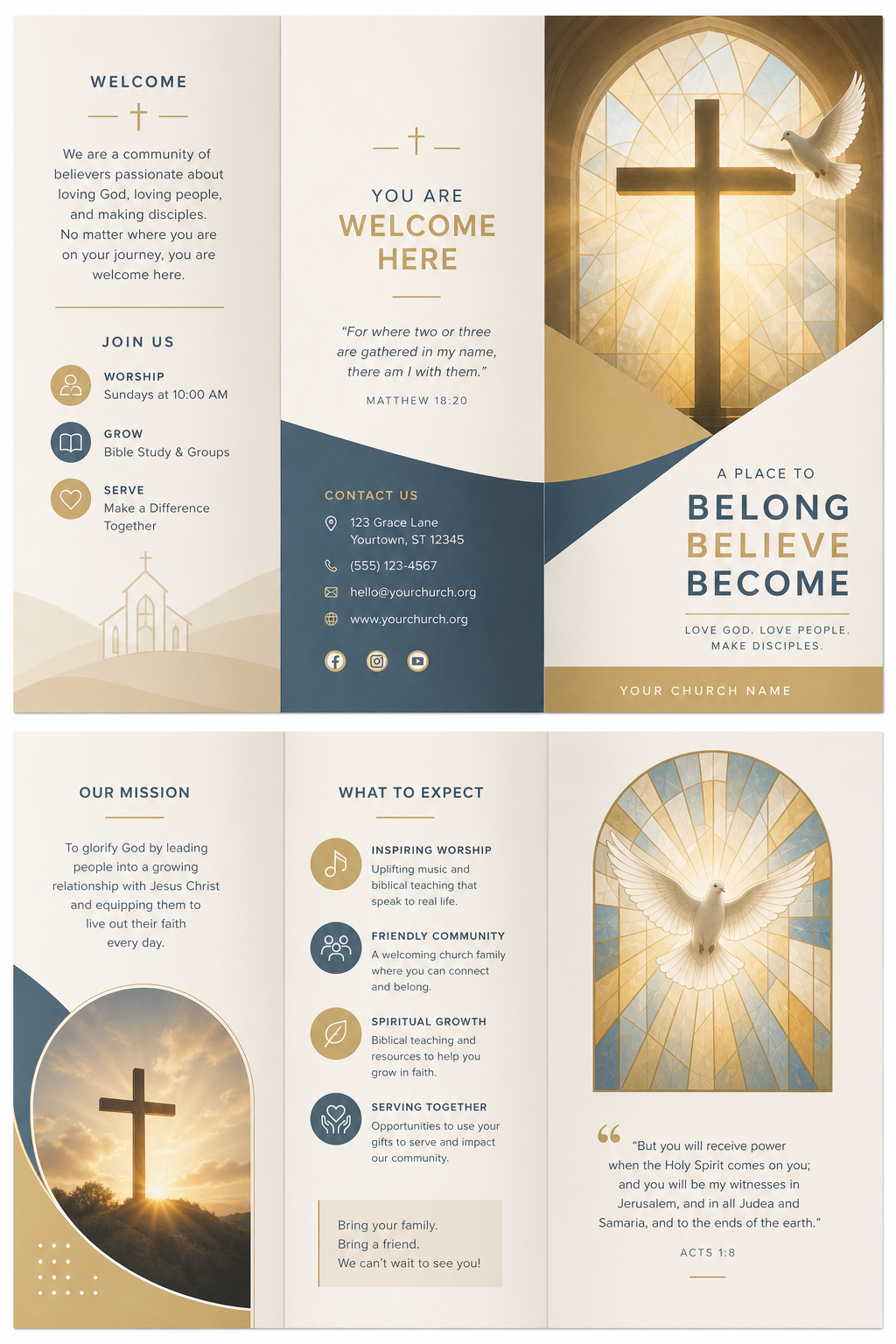 Church Brochure — modern style brochure cover, featuring cross, stained glass, dove, warm divine palette
