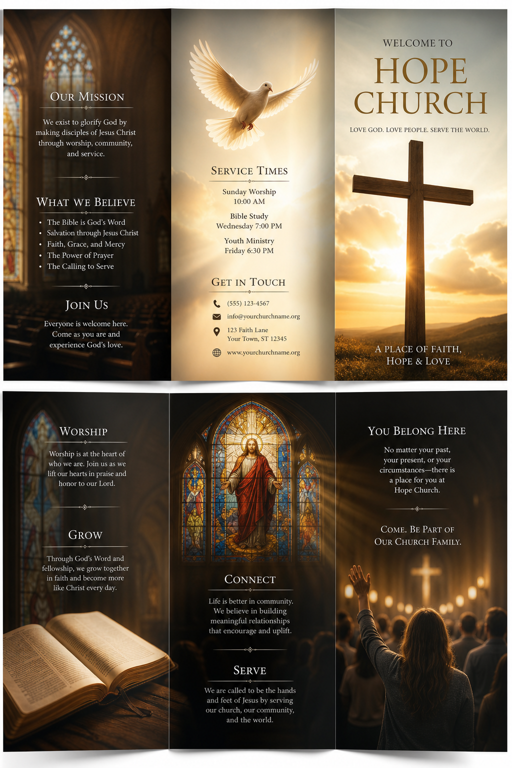Church Brochure — photo-realistic style brochure cover, featuring cross, stained glass, dove, warm divine palette