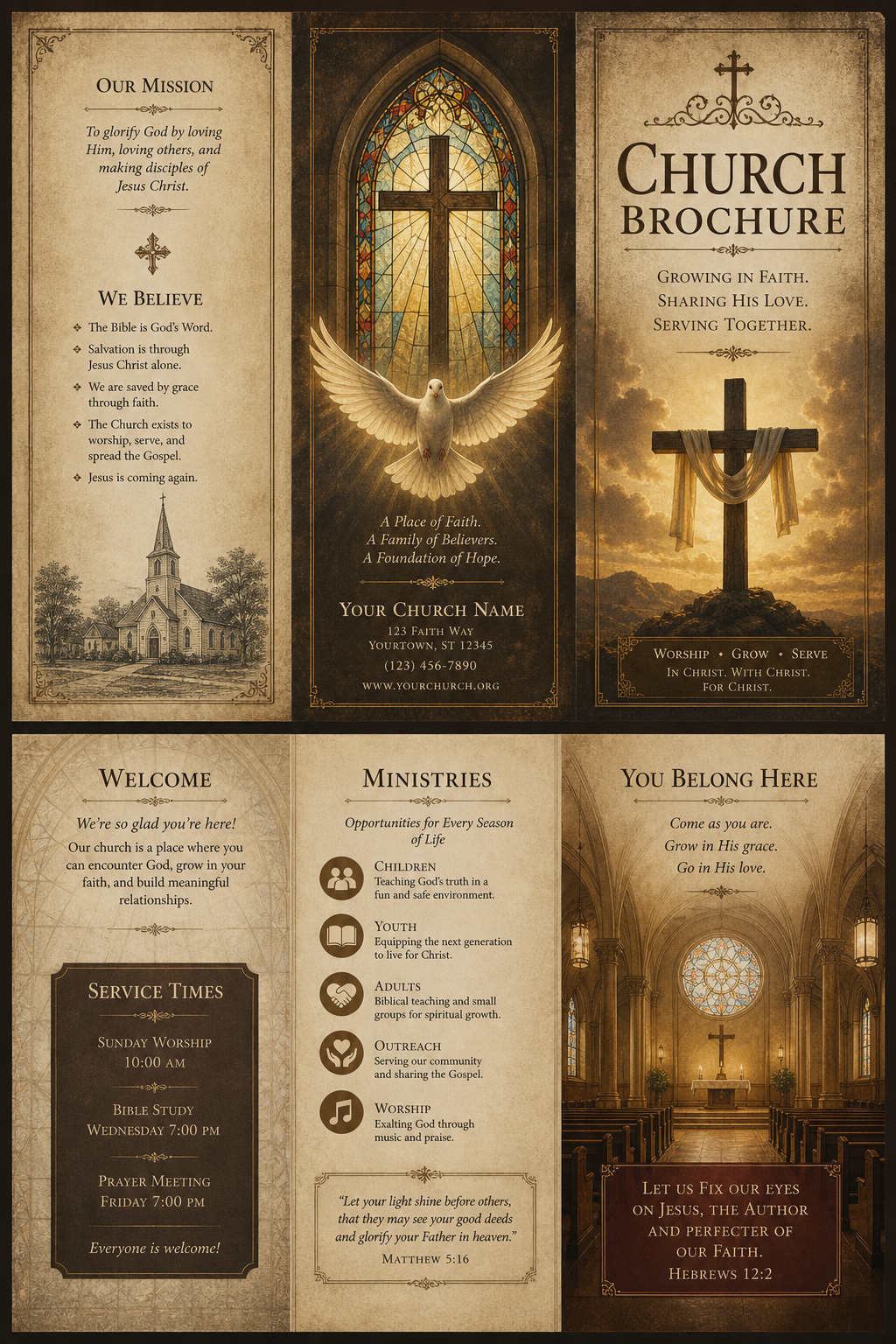 Church Brochure — vintage style brochure cover, featuring cross, stained glass, dove, warm divine palette