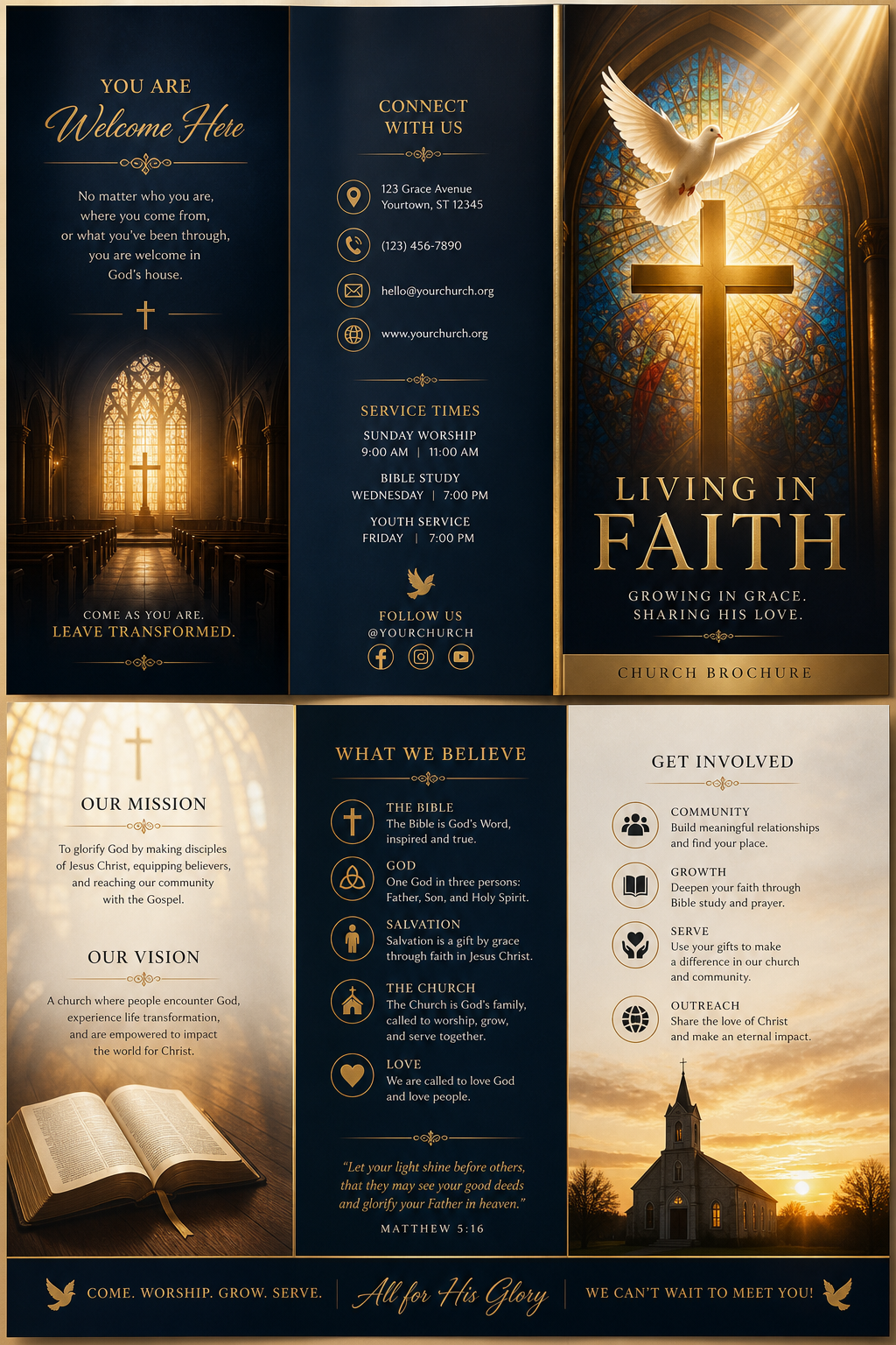 Church Brochure — elegant style brochure cover, featuring cross, stained glass, dove, warm divine palette