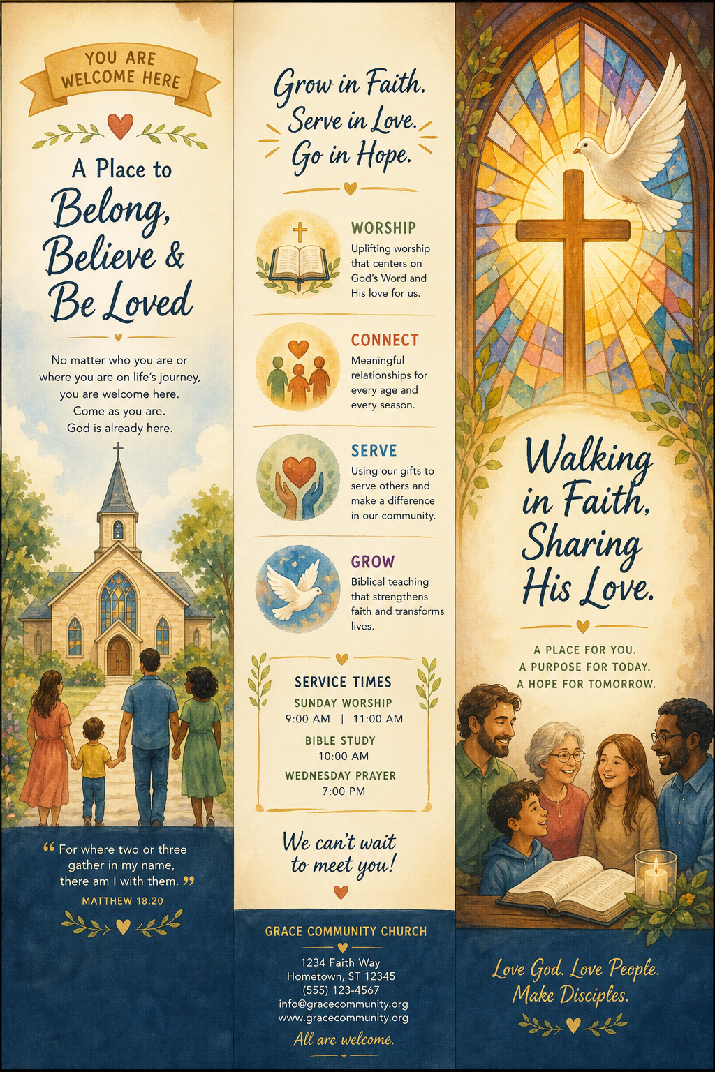 Church Brochure — illustration style brochure cover, featuring cross, stained glass, dove, warm divine palette