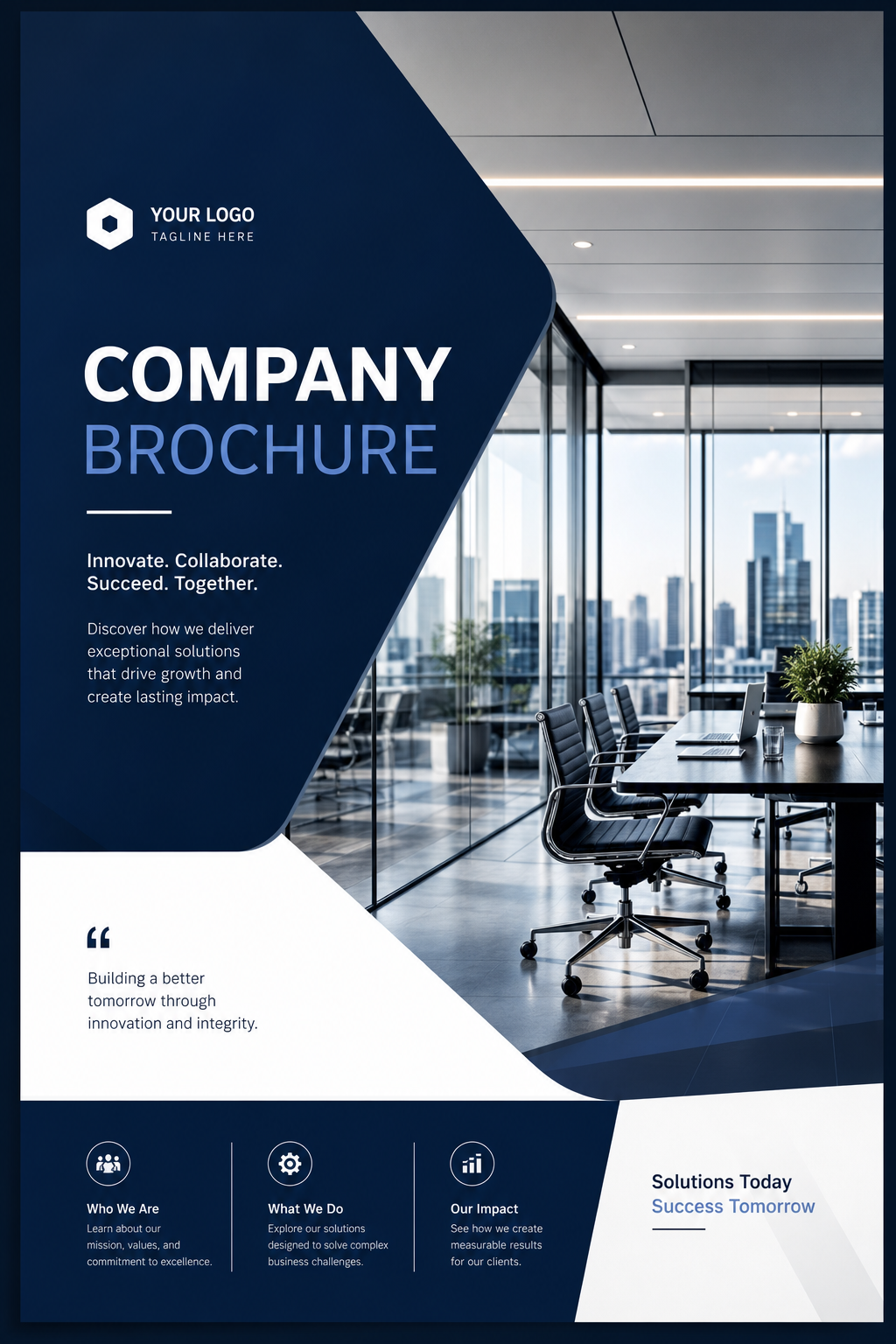 Company Brochure — photo-realistic style brochure cover, featuring corporate office, abstract gradient, navy and white palette