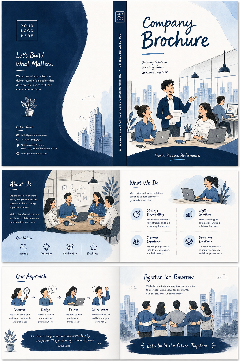 Company Brochure — illustration style brochure cover, featuring corporate office, abstract gradient, navy and white palette