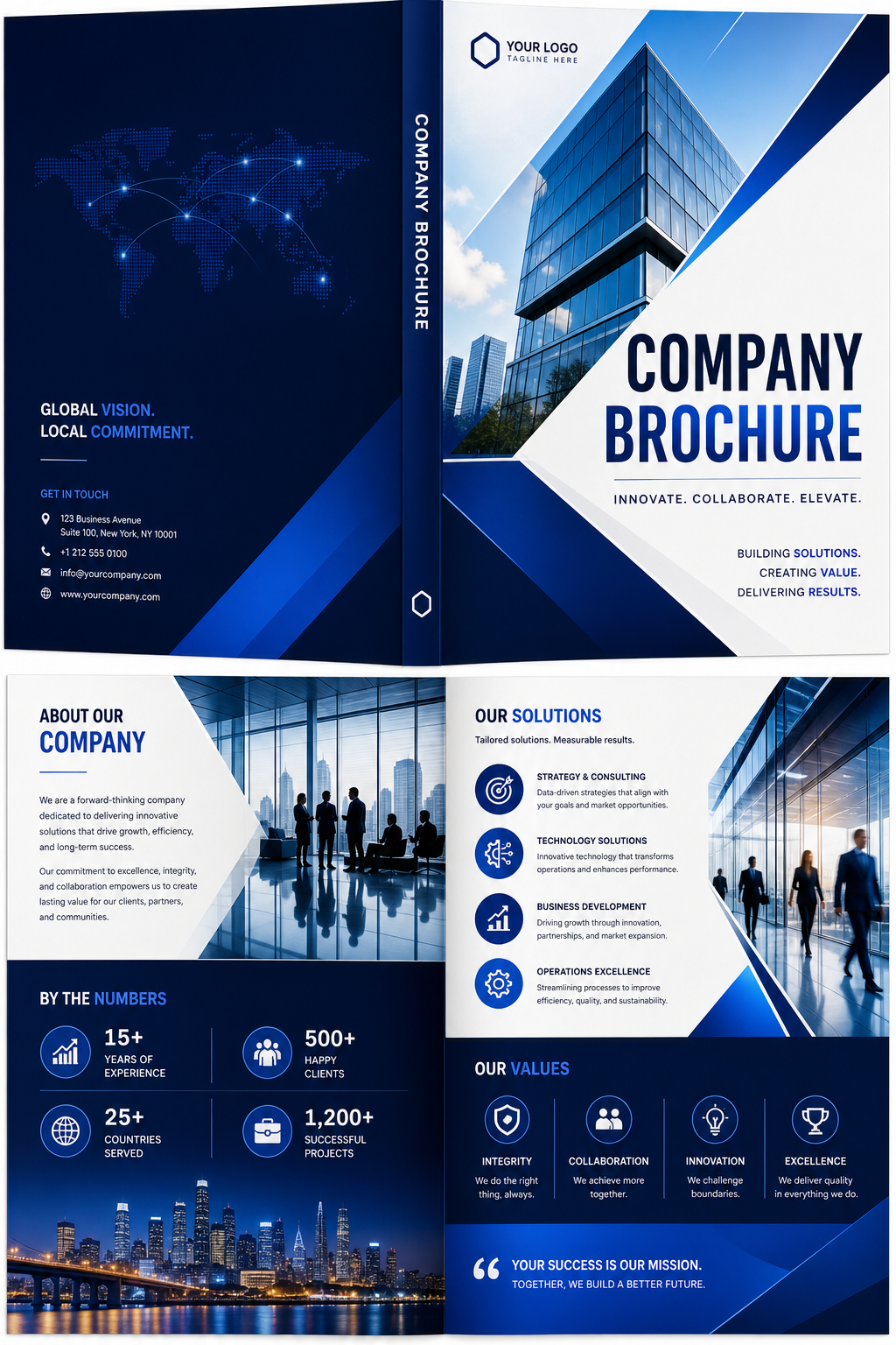 Company Brochure — vibrant style brochure cover, featuring corporate office, abstract gradient, navy and white palette